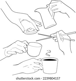Diverse hands in kitchen gestures in black lines