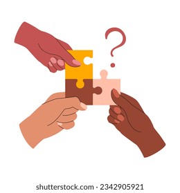 Diverse hands making jigsaw putting pieces together. Last missing puzzle piece. Metaphor of teamwork, problem solution, business difficulty, recruitment concept. Vector illustration
