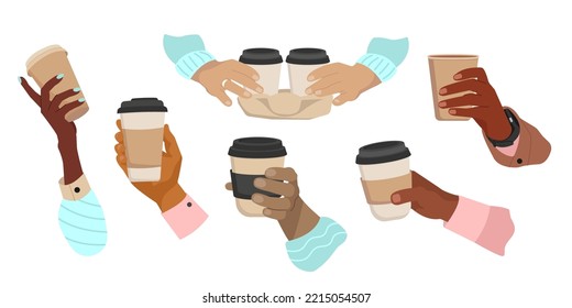 Diverse Hands of multicultural people holding Coffee cups. Concept of Coffee to go.  Breakfast hot drinks and beverage. Flat vector cartoon illustration isolated on white.