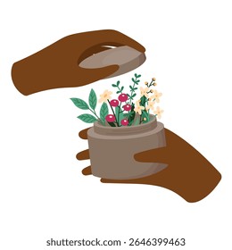 Diverse Hands Open Jar with Flowers Inside. Eco Friendly and Vegan Cosmetics Illustration. Clean Beauty, Sustainable Skincare Concept 
