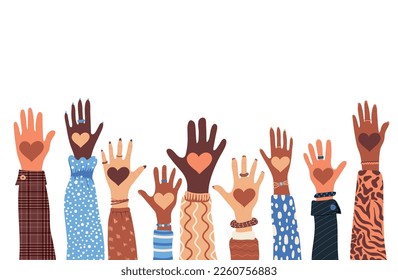 Diverse hands of people multi ethnic races with hearts. Volunteer diversity. Charity, volunteering and donating concept. Vector illustration