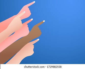 Diverse hands pointing to copy space at the right corner vector concept
