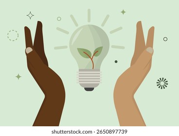 Diverse hands protecting eco-friendly light bulb with growing plant inside, symbolizing renewable energy conservation and environmental protection. Flat design. Vector illustration