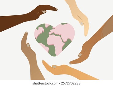 Diverse Hands Protecting Heart Earth Global Unity Illustration. Unity, diversity, and environmental protection. Eco-friendly love. Valentine or wedding. Flat style. Vector illustration