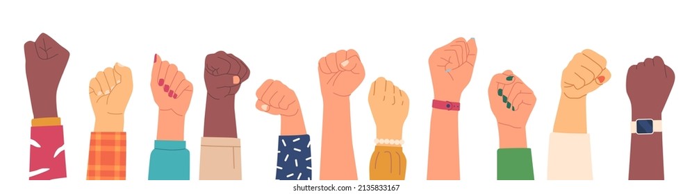 Diverse Hands Protest, Human Rights Activists Fight with Discrimination, Characters Arms Row Against War. Revolution, Strike, Sexual Lgbt Equality Demonstration. Cartoon People Vector Illustration