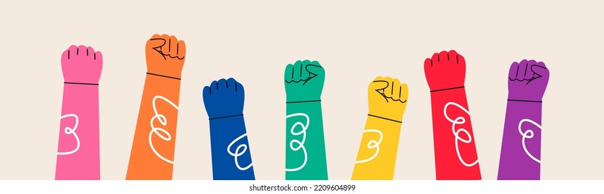 Diverse Hands Protest. Political meeting and protest concept. Colorful vector illustration