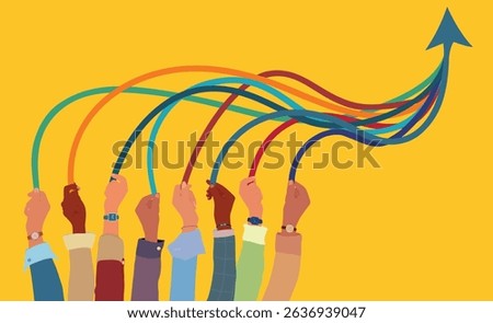 Diverse hands pulling together colorful arrows forming an upward arrow symbolizing unity and growth