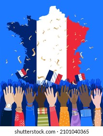 Diverse hands raised up with national flags of France. French people happy gathering,  celebrating Presidential Inauguration Day, Bastille Day, national event. French flag, map. Vector banner, poster