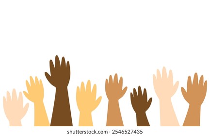 diversas mãos levantadas, simbolizando unidade, diversidade e apoio da comunidade.