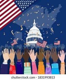 Diverse hands raised up, people gathering at Capitol building Washington D.C., celebrating USA Presidential Inauguration Day, Constitution Day or US Independence Day. American flag, map. Vector banner