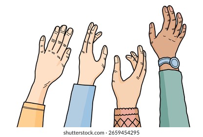 Mãos diversas levantadas para cima ilustração vetorial. Conjunto de mãos levantadas acima ilustração vetor plana colorida isolado no fundo branco