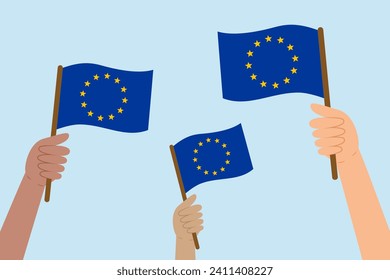 Diverse hands raising flags of the European Union. Vector illustration of the EU flags in flat style on blue background.