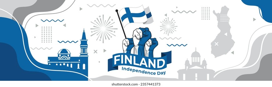 Diverse hands raising flags of Finland. Vector illustration of Finnish flags