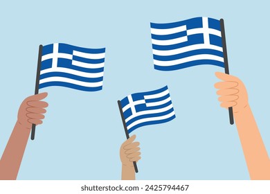 Diverse hands raising flags of Greece. Vector illustration of Greek flags in flat style on blue background.