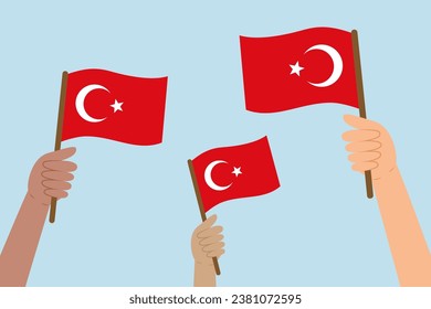 Diverse hands raising flags of Turkey. Vector illustration of Turkish flags in flat style on blue background.