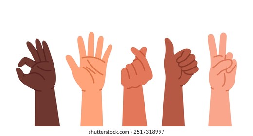Diverse hands raising and showing positive hand gestures. Multicultural, multiethnic diversity, racial equality. Oneness and friendship.