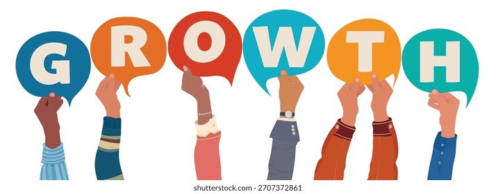 Diverse hands raising speech bubbles that form the word growth to represent collaborative business progress