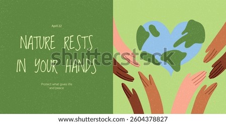 Diverse hands reaching toward heart-shaped Earth on green background. Concept of unity, peace, and shared responsibility for nature. Flat vector illustration for International Mother Earth Day