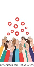 Mãos diversificadas alcançando corações flutuantes simbolizando conexão e apreciação