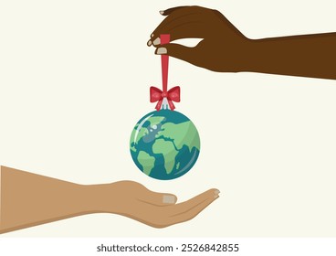 Diverse Hands Sharing Earth Ornament. Diverse hands exchanging a globe Christmas ornament, symbolizing global cooperation, unity, and shared responsibility for our planet. Global unity for christmas. 