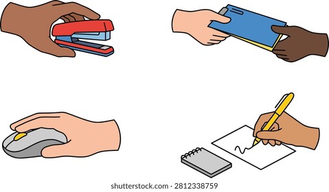 Diverse hands are shown performing common office tasks such as stapling mousing writing and exchanging documents
