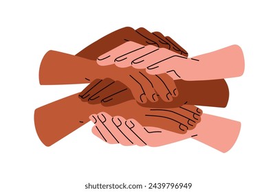 Diverse hands stack, pile of people group, international team, partners together. Unity, multi-ethnic partnership, trust, support concept. Flat vector illustration isolated on white background