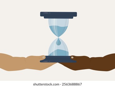 Diverse Hands Supporting Water Hourglass Time Concept for saving water. different hands collaboratively holding hourglass filled with water, symbolizing unity and shared environmental responsibility. 