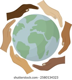 Diverse Hands Surrounding Earth isolated on transparent background. Global Unity Concept. Global unity, diversity, and collective environmental responsibility. Flat style. Vector illustration.