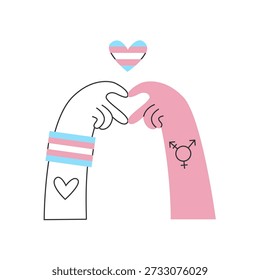 Diverse hands with trans symbol and flag colors with heart shape. Transgender and genderqueer rights, nonbinary visibility and awareness concept. Inclusion and diversity illustration.