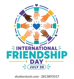 Diverse hands unite in a circle around a heart celebrating international friendship day on july 30