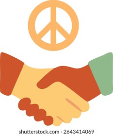 Diverse Handshake with Peace Symbol Overhead, Illustrating Diplomatic Agreement and Unity