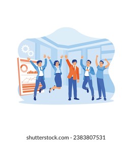 Diverse and happy business team raising hands and jumping in a meeting room. Celebrate business success and have fun together. Celebrating concept. trend modern vector flat illustration