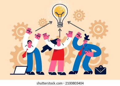 Diverse happy businesspeople brainstorm generate creative business idea together. Smiling employees or colleagues think develop startup or project. Innovation, teamwork. Vector illustration. 