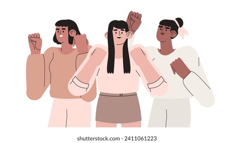 Diverse happy cheerful girl team, female characters, woman, rejoicing success, victory together. International women day concept for web banner, greeting on social media oe website, advertisement.