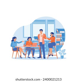 Diverse and happy colleagues using laptops during meetings in the office. They gathered in an office room to discuss financial statistics together. Briefings concept. 