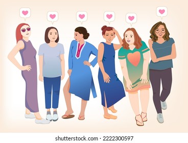 Diverse happy female friends together vector illustration flat a group of smiling women enjoying friendship.