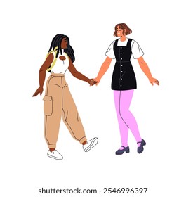 Diverse happy girls, friends have fun, walk together. Young women hold hands, support. Concept of interracial friendship, international sisterhood. Flat isolated vector illustration on white