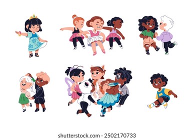 Diverse happy kids dance set. Group of cute little girls goes ballet. Children in carnival costumes have fun together. Young dancers perform. Flat isolated vector illustrations on white background