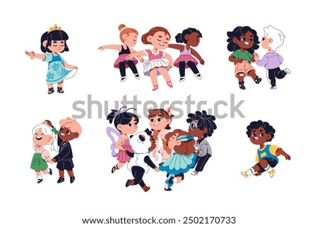Diverse happy kids dance set. Group of cute little girls goes ballet. Children in carnival costumes have fun together. Young dancers perform. Flat isolated vector illustrations on white background