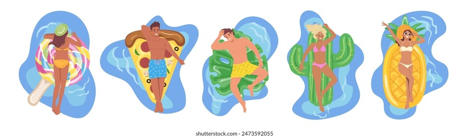 Diverse happy people cartoon characters swimming in pool view from above isolated on white