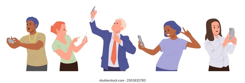 Diverse happy people cartoon characters taking photos with camera on mobile phones isolated set