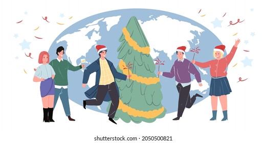 Diverse happy people character celebrating new year and christmas eve all over world standing near decorated xmas fir tree with earth globe on background