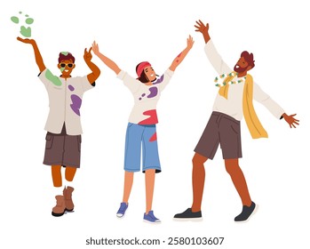 Diverse happy people community joyful tourists group enjoying Indian Holi festival rejoicing fun celebration activity vector illustration. Travel entertainment, hinduism culture event and friendship