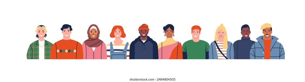 Diverse happy people group on isolated white background. Modern flat cartoon crowd, multi-ethnic men and women smiling team. 