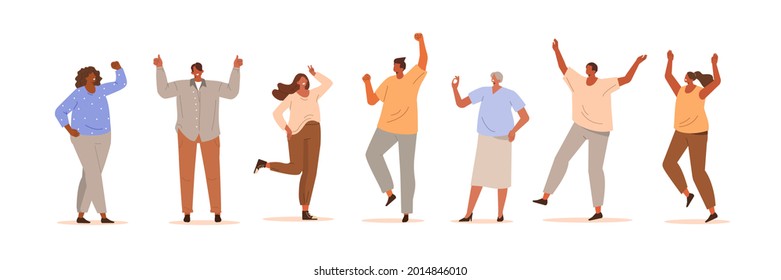 Diversas personas felices saltando, bailando y mostrando diferentes emociones y gestos positivos. Personajes levantando manos, moviéndose y divirtiéndose. Ilustración vectorial de dibujos animados planos.