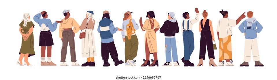 Diverse happy people standing together back side view. Crowd greeting, welcoming backside. International friends talk, pointing finger behind. Flat isolated vector illustration on white background