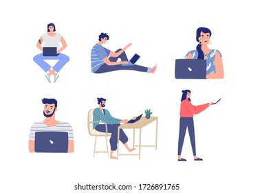 Diverse happy people using laptop computer set on isolated white background. Different lifestyle uses of technology. Includes student, freelance worker.