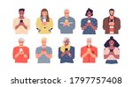 Diverse happy people using mobile phone set. Modern cartoon collection on isolated background. Young and old senior characters holding smartphone for technology or internet communication concept. 