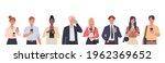 Diverse happy people using mobile phone set. Business men and women holding smartphone for technology or internet communication concept. Vector illustration in a flat style