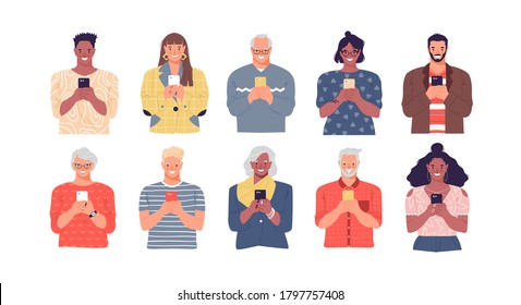 Diverse Happy People Using Mobile Phone Set. Modern Cartoon Collection On Isolated Background. Young And Old Senior Characters Holding Smartphone For Technology Or Internet Communication Concept. 